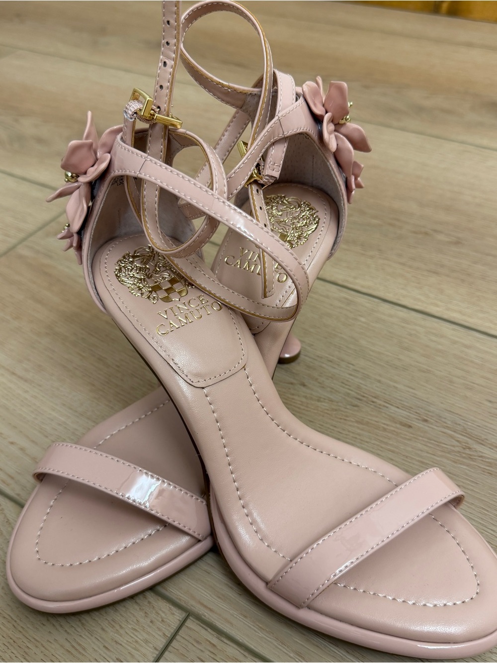 Vince Camuto Blush Pink Floral Embellished Leather Ankle-Strap Heels - 7